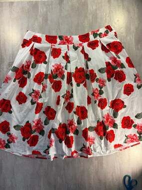 Vintage Style Red Rose Floral Print Pleated A-Line Skirt Size 3XL